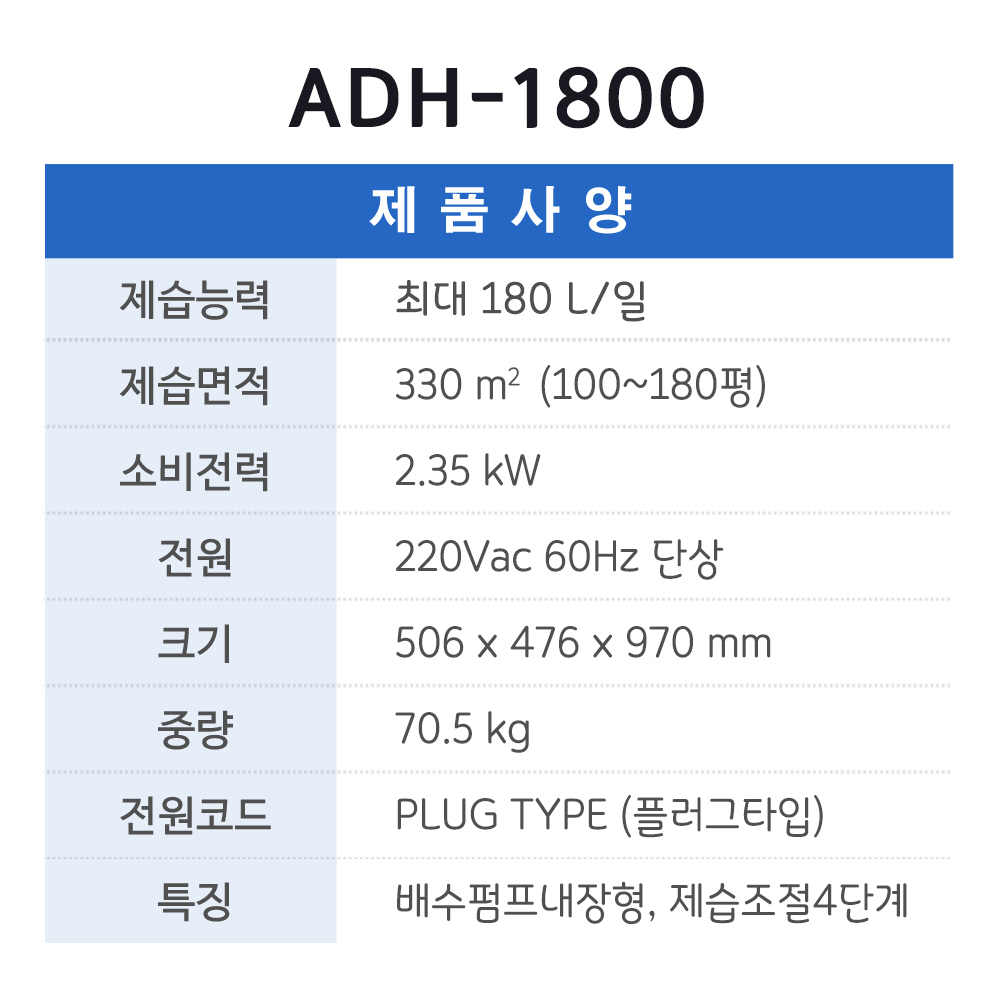 ADH-1800(100~160평형,180L/일,배수펌프형)